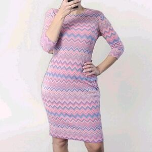 Bodycon Dress Knit Stretchy Pink Blue Geometric Slim Fit Size M Midi Back Slit